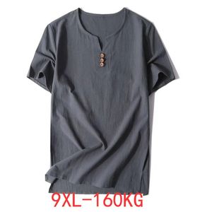 Summer Men Cotton Linen T-shirts Kort ärm Kinesisk stil Vintage V-ringning Tees plus storlek 6xl 9xl 7xl 8xl överdimensionerad svartgrå 240524