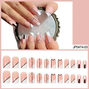 Estilo francês listrado, estilo curto, vestindo aprimoramentos de unhas, remendos falsos de unhas, remendos acabados para unhas, conjunto de 24 peças destacáveis