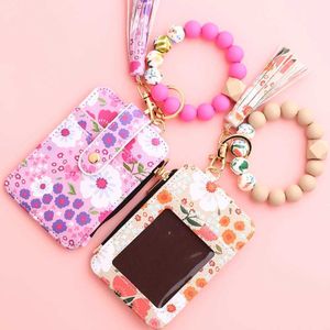 Purse Silicone Bead Pu Leather Keychain Bracelet Id Keychain Carteira feminina Flor Pink Print Wallet Y240524