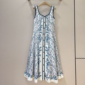 Womens dress linen blue floral printed sleeveless gathered waist tank top midi dress