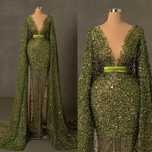 Dark Green Mermaid Evening Dresses Deep V Neck Long Sleeve Beaded Crystals Prom Gowns Birthday Special Occasion Dress