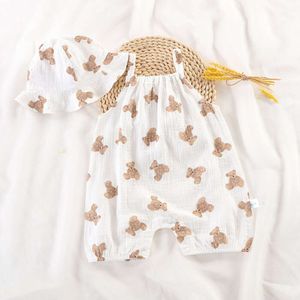 Newborn One-Piece Infant Summer Muslin Romper with Hat Kids Birthday Bear Sleeper Baby Button White Beige Pamas Onesie 3-24M L2405