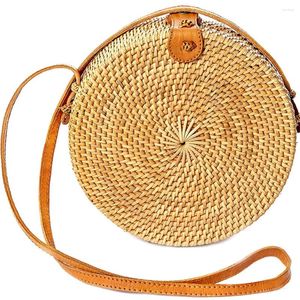 Förvaringspåsar för kvinnor handgjorda halmflickor BOHO BAG - RUND RATTAN CROSSBODY BEACH