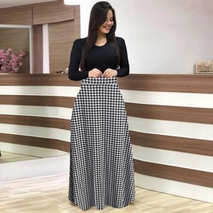 Vestidos casuais básicos Polca bolinhas impressas saia longa de saia elegante de decote de tripulação de saia longa roupas femininas y240524