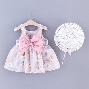 Mädchenkleider Kleidung Sets Baby Mädchen ärmellose Blumendruck Bogen dekoriertes Strandkleid mit Hutkindern Sommerkleidung WX5.23
