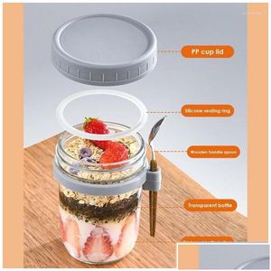 Storage Bottles Jars Overnight Oats Breakfast Cup With Lid And Spoon Wide Mouth Oatmeal Mason Milk Fruit Salad Food Container Drop Del Dhpgk