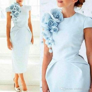 Elegant Sky Blue Short Sleeves Sheath Mother of the Bride Dresses with Floral Flowers Tea Length Formal Plus Size Cocktail Dresses Chea 224d