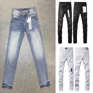 Mens Purple Jeans Designer rozrył proste regularne jeansowe długie czarne dżinsy zamek mucha środkowe spodnie dziura dla mężczyzn Designer Womens TU04