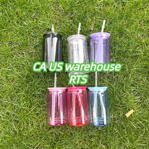 Wholesale bulk cold drink coffee cup Recyclable BPA free unbreakablea 5 colors mixed 16oz colored clear plastic can with pp lids for UV DTF wraps