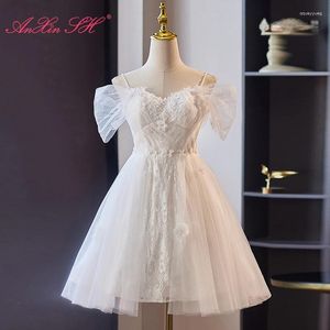 Party Dresses Anxin Sh Princess White Lace Spaghetti Strap Beading Little Flower Up Illusion Kort aftonklänning