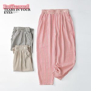 Women Cotton Pocket Stripe Pants Spring Summer New Slacks Thin High Waist Loose Harem Casual Pants