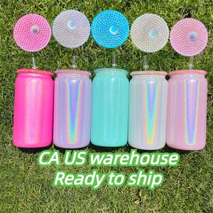 Rainbow 16oz bling lid Holographic Shimmer glass free shipping blank sublimation glitter glass can with plastic bling lids and straws for DIY printing