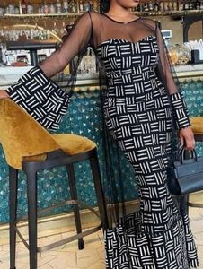 Basic Casual Dresses Casual Printed 2 Piece Set Women Spring Summer Mesh 2 Piece Outfit S Through Flare Slve Dress Strapless Bodycon Dress Suit T240523