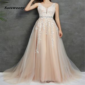 2023 Wedding Dresses V Neck Light Champagne Floor Length Applique Open Back A Line Backless Bridal Dress Vestido De Noiva Mariage 202N