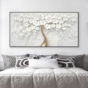 Abstract 3D White Flowers Canvas Måla moderna nordiska växtplakat och tryck väggkonstbild för vardagsrumsheminredning