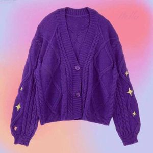 Autumn And Winter New Purple Sweater Cardigan Coat Single Breasted Star Embroidered Casual Knitwear Top