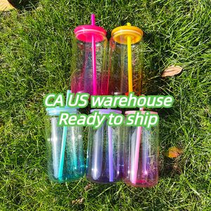 Wiederverwendbares 16oz Gradient Ombre Colored Jelly Glass Can Leer -Sublimation BPA kostenlos hohes Borosilikatglas mit farbenfrohen Kunststoffdeckel für UV -DTF -Wraps