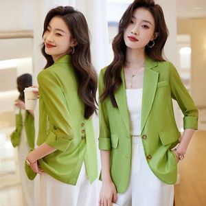 Two Piece Dress Green Suit Jacket Women's Summer Small Elegant 3/4 Sleeves Ice Silk Thin Type Sunscreen Casual Top
