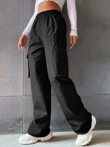 Damskie Szerokie nogi spodnie z solidnymi kieszeniami klapy i luźne dopasowanie 240524