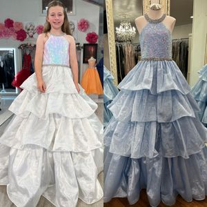 Powder Blue Little Girl Pageant Dress Crystal Sequin Halter Tier Organza Baby Kid Fun Fashion Runway Drama Birthday Formal Cocktail Party Gown Toddler Teen Preteen