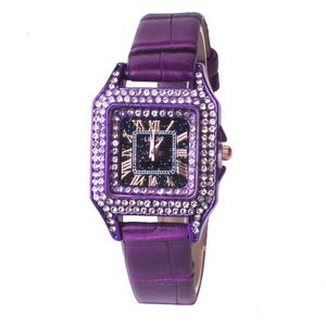 New Quartz Womens Watch Small Square Case Full Diamond Water Roman Scale Belt