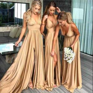Guldbrudtärna klänningar Deep V Neck Soft Silk Side Site Sweep Train A Line Sexig Prom Dress Party Wear Junior Bridesmaid Dress 232e