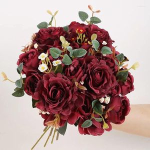 Decorative Flowers Peonies Artificial Flower Burgundy Silk Rose Bouquet Hydrangea Peony Vintage Wedding Bride Fake Home Decoration