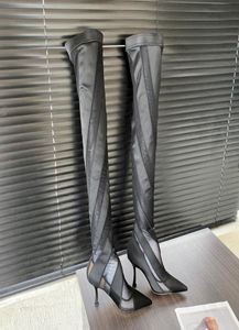 Mugler 100mm twotone jersey mesh sock thigh boots pull on Elastic pointtoe stiletto Heels knitted overkneehigh boot women luxu6838326