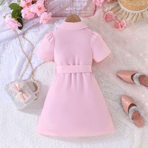 3-8y 2 Kolory moda małe dziewczynki eleganckie krótkie puff rękawy nacięte lapowe asymetryczna sukienka A-line z paskiem