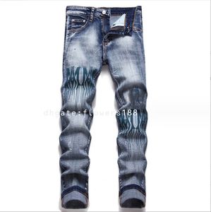 Mäns jeans är Slim Fit Stretch Handgjorda helt svep bomullsbomben Tryckt rippad tryckt modemenskläder europeiska och amerikanska street denim