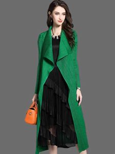 여자 트렌치 코트 여성 패션 주름 긴 바람막이기 턴 다운 칼라 오픈 가디건 검은 색 검은 색 grn 그레이 레드 카키 여성 의류 코트 숄 T240523