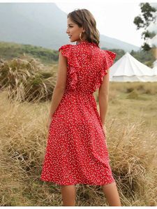 Основные повседневные платья платья Женщины Элегантные летние цветочные припечатки Ruffle A-Line Surdress Casual Fitted Одежда для KNS 2023 Красные платья для женщин Y240524