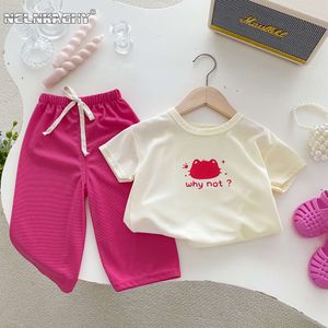 Spring 2024 Summer New in Kids Baby Girls Boys Fashion Clothes Children Waffle Cartoon Letter Top T-shirts+Pants Toddler 1-9Y F24523