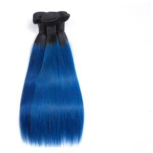Indian Human Hair Extensions 1B/Blue Silky Straight 1b Blue Ombre Color 10-26inch One Bundles Gjvmf
