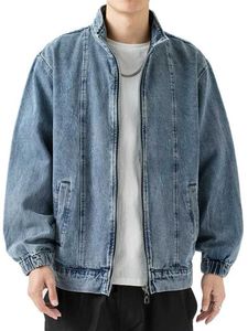 Herrjackor står upp krage denimjackan herr casual höst blixtlås stängd jacka lös ficka blå vintage jacka herr fashionabla kläder q240523