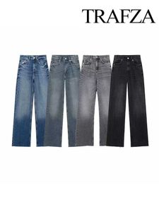 Kvinnors jeans trafza mode kvinnor elegant pendling dekonstruerad modemän ficka präglade mode kvinnors mitten av midjan breda ben jeans q240523