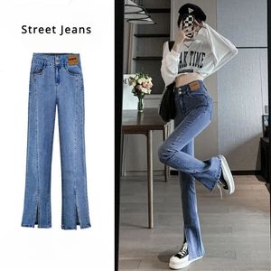 Wiosenne i jesienne dżinsy z dżinsów żeńskie dżinsy Flare Y2K seksowne retro dżinsy slim niebieskie dżinsy na 240524