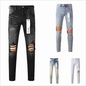 Мужские джинсы фиолетовые дизайнерские джинсы разорваны прямой регулярной джинсовой джинсовой джинсовой джинсовой джинсовой джинсы с длинной черной застежкой -молнией в середине брюк отверстие для женщин D689