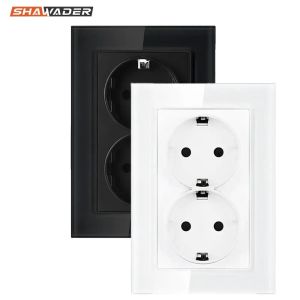 Wall Double Socets Upright Crystal Glass Panel EU Germany AC Power Points Plug Outlets 110-250V Netherlands Europe Home Office