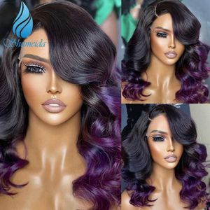 الباروكات الاصطناعية Shumeida Ombre Purple 13 * 6 Lace Front Wig Peruvian Remi Hush Hair Haw Gel Free مناسبة للنساء مع الشعر قبل سقيفة شعر الطفل Q240523