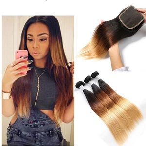 Indian Virgin Hair 1B/4/27 Ombre Color Straight Three Bundles With 4X4 Lace Closure 4 Pieces/lot 1B/4/27 Tmmbx