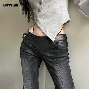 Women's Jeans Karram Vintage Distressed Low Waist Jeans Grunge Asymmetric Waist Jeans Korean Fashion Black Flame Jeans Kpop Street Clothing Q240523