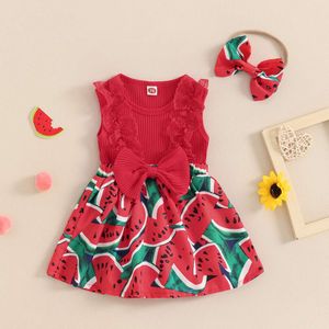 0-18M Lovely Baby Girls Rompers Dress 2pcs Suower/Watermelon Print Bowknot Sleeveless Skirt Hem Jumpsuits Headband