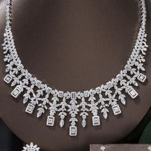 Brincos de colar de pérolas de zircônia cúbica Conjunto de 4 festas de casamento femininas All Zircon Dubai Bridal Jewelry Presente 240514