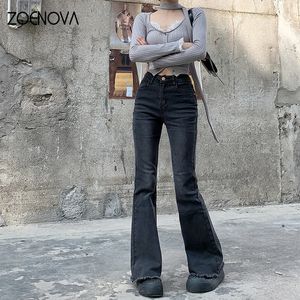 Zoenova vår sommarmode kvinnors hög midja bred benstövla byxor svart rå kant casual retro damer blossade jeans 240524