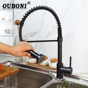 キッチン蛇口Ouboni Orb Solid Brass Tulle Out Faucet Deck Mount 2 Ways Sprayer Spring Swivel Sinkミキサータップ