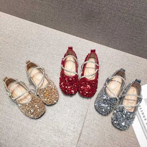 Flat Shoes Childrens paljetter Princess Shoes Crystal Fashion Ballet Apartment Soft Sole Shallow Girl Shoes Rhinestone Party Wedding Childrens Shoes Q240523