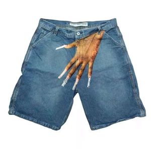 Övergångsgräns sommaren nya europeiska och amerikanska hiphop roliga ena handmönster tryckta denimshorts för män high street mode och fritid