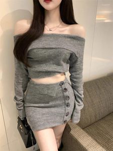 Work Dresses Deeptown Coquette Sexy Grey Two Piece Dress Women Korean Style Long Sleeve Slash Neck Bodycone Knitted Sets Winter