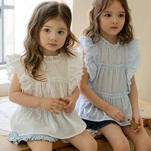 Kids Shirts Blouses Summer Korea Girls Children Clothing Sweet Lovely Cotton Sleeveless Shirt 2024 Simple Pleated Solid Hollowing Out T240524